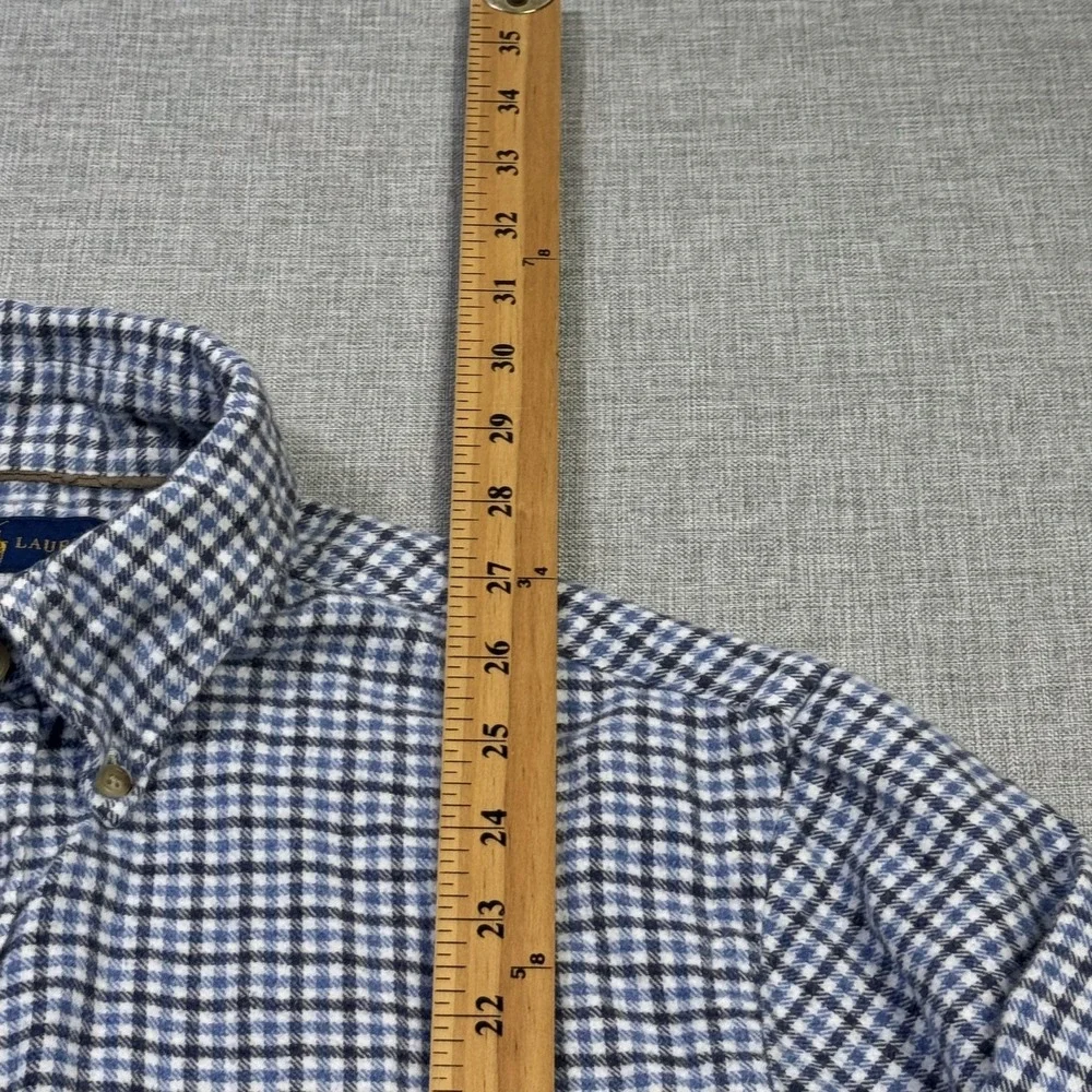 Ralph Lauren Flannel Button Shirt Mens Medium Blue Check Long Sleeve Suede Elbow